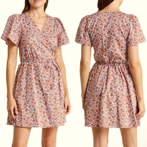 Madewell Fiore Floral Short-Sleeve Cotton Wrap Dress (Blue and Pink) Small - Picture 1 of 3